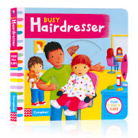 Busy series busy barber operation mechanism Book English original picture book busy hairdresser push-pull sliding mechanism paperboard book 0-1-3-6-year-old childrens Enlightenment game toy book early teaching parent-child interaction