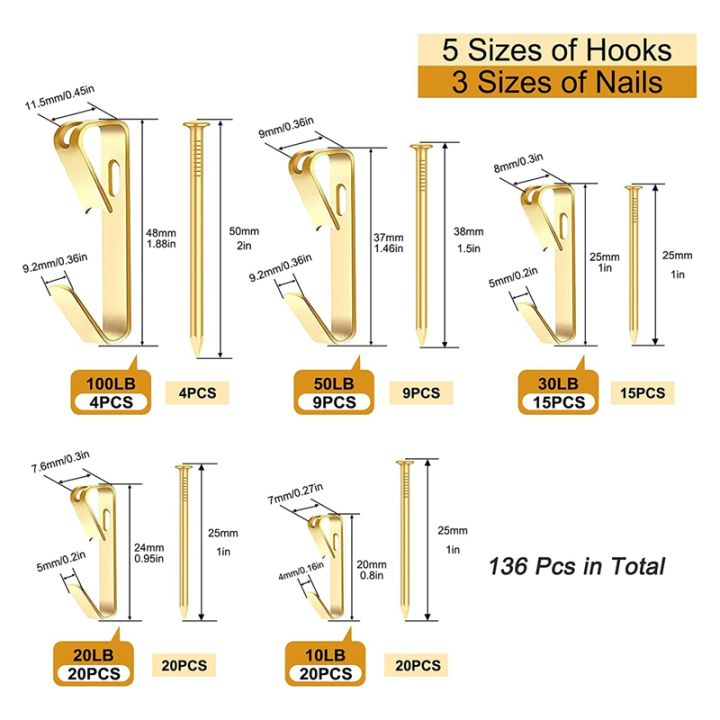 136-pcs-5-sizes-picture-hanging-hooks-picture-hanger-kit-including-10-20-30-50-100-lb
