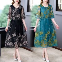 ZUO MAN RU 2022 Summer Dress Mother Heavy Embroidered Flower High-End Dress Female Spring High-End Imitation Silk Floral Dress