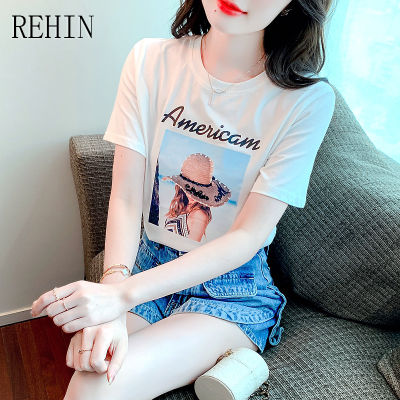 REHIN เสื้อยืดแขนสั้นผู้หญิง,เสื้อยืดคอกลมทรงหลวมพิมพ์ลายตัวอักษรแฟชั่นสไตล์เกาหลีแบบใหม่ฤดูร้อน