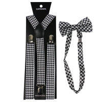 Winfox Fashion Black White Houndstooth Bow Tie And Suspenders Sets For women Men