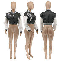 Red White Color Block Splice Baseball Coat Women Casual Single-breasted Full Sleeve Jacket Active Wear Running Cropped Outwear