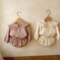 2pcs Newborn Baby Girls Clothes Organic Cotton Ruffled Collar Lapel Long Sleeve Shirt Top Bread Pants Korean Casual Clothing