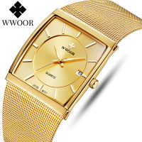 WWOOR Luxury Gold Watch Men Square Japan Quartz Slim Steel Mesh Waterproof Sports Automatic Date Wrist Watches Relogio Masculino