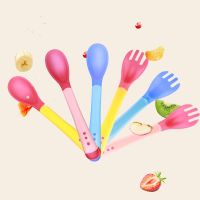 Silicon Temperature Sensing Spoon &amp; Fork for Baby Safety Infant Feeding Tools Kids Children Toddler Flatwares Individual Package Bowl Fork Spoon Sets