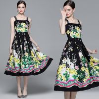 Women New Fashion Dress 2023-New European Station Palace Style Spaghetti-Strap Floral Print Large Swing Dress