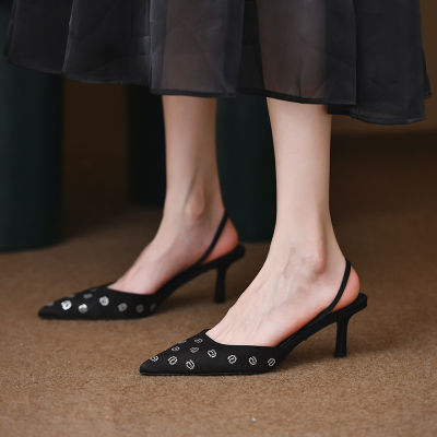 รองเท้าแตะหัวแฉกทำจากผ้าซาตินรองเท้าผู้หญิง,รองเท้าตัวอักษรพลอยเทียมส้นดีรองเท้าส้นเตี้ยด้านหลัง Baotou รองเท้าส้นสูงรองเท้าแตะ34-39