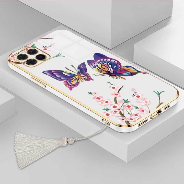 เคส-samsung-a22-5g-หรูหราผีเสื้อที่สวยงามพร้อมกล้องดอกไม้เคสโทรศัพท์ขอบซิลิโคนอ่อนนุ่มฟรีสายคล้อง