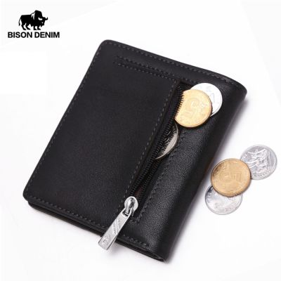 【JH】BISON DENIM Fashion Purse Mens Genuine Leather Wallet RFID Blocking Mini Wallet Male Card Holder Small Zipper Coin Purse W9317
