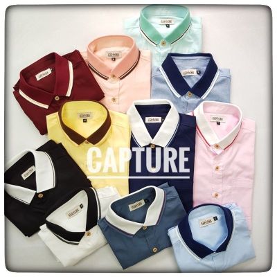 Capture Shirt เสื้อเชิ้ตผู้ชาย โปโลเชิ้ตแขนสั้น สีขาว/ชมพู/เหลือง/โอรส/เขียวมิ้นท์/ฟ้า มีถึงอก 48 นิ้ว