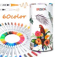 ZSCM ปากกาหัวคู่สำหรับวาดรูปการทาสีแบบผู้ใหญ่,แปรงมาร์คเกอร์60สีปากกาสีน้ำปากกาวาดภาพ