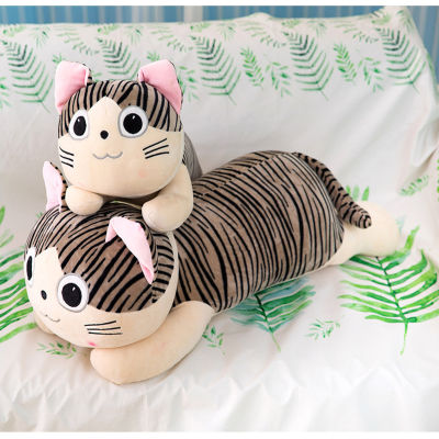 Plush Cat Pillow Cartoon Strip Shape Gray Decoration Gift Sizes Multiple Kids