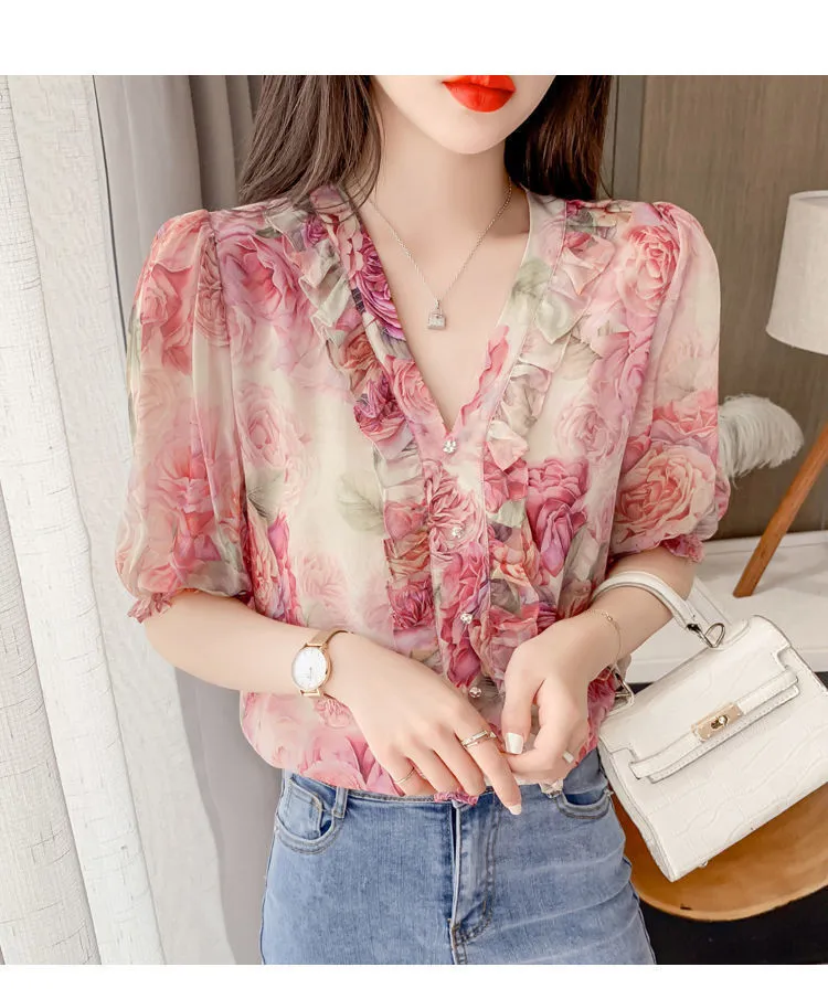 Women's Korean Style Floral Printed Chiffon Shirt – Kawaiifashion