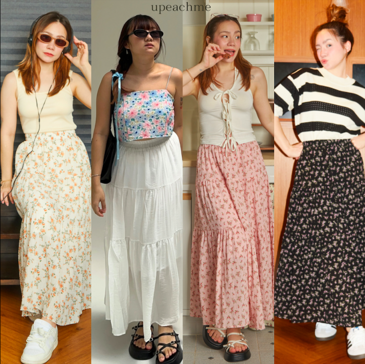 fondue-skirt-i-กระโปรงยาวสีพื้น-ลายดอกไม้-แต่งระบายสามชั้น-กระโปรงยาวยิปซีมีซับในทั้งตัว