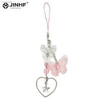 ✜ 1pc Bag Pendants Kawaii Heart Butterfly Key Chain Phone Charms For iPhone For Samsung Cute Accessories Women Girl Strap Lanyard