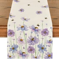 Purple Flowers Daisy Bees Spring Table Runner Seasonal Holiday Kitchen Dining Table Decoration for Home Party Indoor