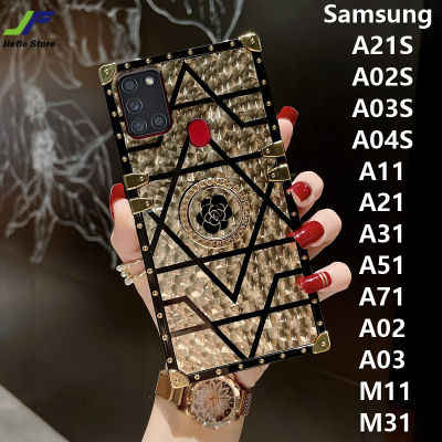 JieFie Samsung กาแล็คซี่ A21S / A02S / A03S / A04S / A11 / A21 / A31 / A51 / A71 / A02 / A03 / M11/M31เคสโทรศัพท์สี่เหลี่ยมเคลือบโลหะด้วยไฟฟ้าสุดหรูดีไซน์ใหม่ฝาครอบโทรศัพท์ลายการ์ตูนน่ารักแวววาว + ที่ยึดแหวน