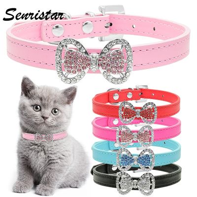 [HOT!] Cute Bling Bow Tie Cat Collar Soft Leather Rhinestone Cat Collar Glitter Diamond Buckle Lovely Cat Collar For Kitty Neck Strap