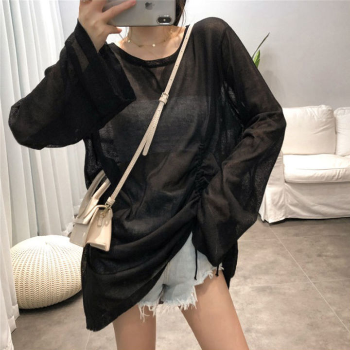 พร้อมส่ง-เสื้อแขนยาว-คอกลม-ผ้าบางมุ้ง-เชือกดึงร่นช่วงเอว-สไตส์เกาหลี-โอเวอร์ไซส์-เสื้อหน้าร้อน-กันแดด