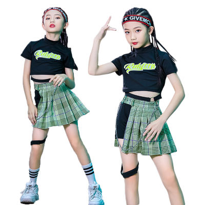 Lolanta ใหม่5-14ปีหญิงสีดำ Cropped Top หรือสีเขียวกระโปรงลายตารางชุดเต้นรำเด็ก Hip-Hop ประสิทธิภาพชุดเชียร์ลีดเดอร์สวมใส่