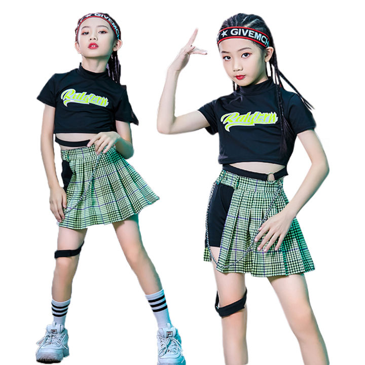 lolanta-ใหม่5-14ปีหญิงสีดำ-cropped-top-หรือสีเขียวกระโปรงลายตารางชุดเต้นรำเด็ก-hip-hop-ประสิทธิภาพชุดเชียร์ลีดเดอร์สวมใส่