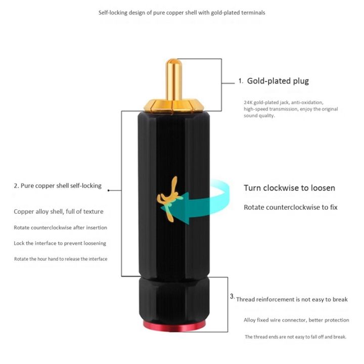 pure-copper-gold-plated-rca-plug-self-locking-lotus-terminal-soldering-free-heating-wire-diy-audio-connector