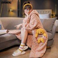 Nude สีชมพูตุ๊กตา Fluffy Robes สำหรับผู้หญิงฤดูหนาวความร้อน Hoodies Robe สำหรับสาว Kawaii หมีเสื้อคลุมอาบน้ำสำหรับผู้หญิง Warm Lady ชุดนอน