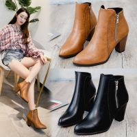 HOT★รองเท้าบูทหุ้มข้อส้นสูงแฟชั่นของผู้หญิง sepatu BOOT pendek ส้นหยาบ, รองเท้าผู้หญิงไซส์ใหญ่43มีซิปข้างรองเท้าบูทส้นสูงแพลตฟอร์ม