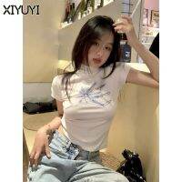 XIYUYI เสื้อยืดแขนสั้นคอสูงครึ่งสีขาว2023สไตล์ใหม่เรียบง่ายบริสุทธิ์