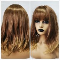 ALAN EATON Medium Wavy Synthetic Ombre Natural Blonde Ash Hair Wigs with Bangs for Women Afro Daily Lolita Cosplay Party Wig Gift ของขวัญ