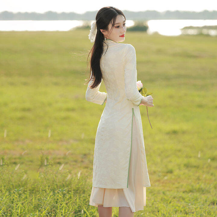 ปรับปรุง-cheongsam-2022แขนยาว-aodai-หนุ่มอารมณ์ระดับไฮเอนด์ชาเสื้อผ้าชาศิลปินเสื้อผ้าผู้หญิง