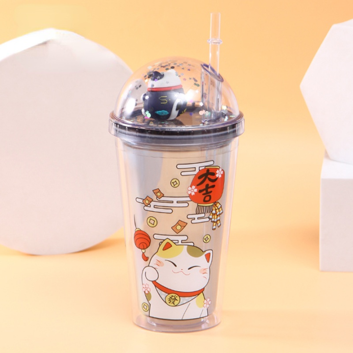 water-cup-plastic-coffee-drinking-cup-double-summer-ice-cup-cartoon-plastic-creative-lucky-cat-juice-refrigerated-straw-cup