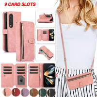 เคสโทรศัพท์แบบกระเป๋าสตางค์มีซิปสำหรับ Samsung Galaxy Z Fold 4 3 Fold4 Fold3 5G ปกหนังขาตั้งกระเป๋าเก็บบัตรแบบพับได้5G hixuanyazhuangx