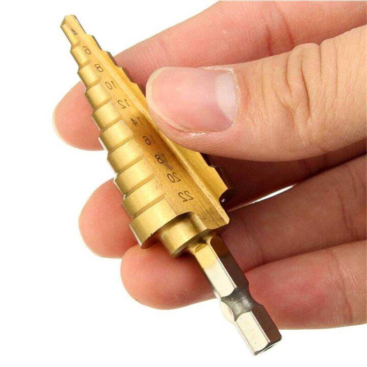 hh-ddpjxcan-1pc-4-22mm-titanium-coated-step-drill-hss-straight-flute-pagoda-drill-hex-shank-woodworking-tool-hole-cutter-hss-drill-bit