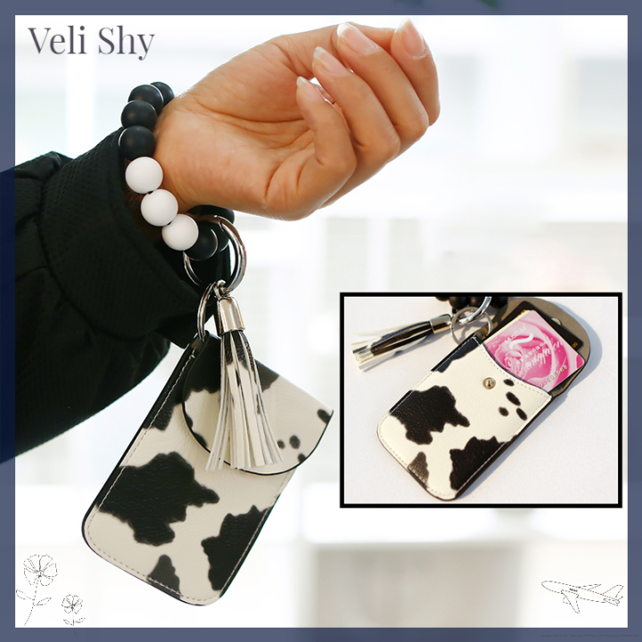 veli-shy-พวงกุญแจสร้อยข้อมือลูกปัดคล้องข้อมือซิลิโคน-เคสหนังกำไลข้อมือพู่ห้อยสำหรับกระเป๋าเก็บบัตร