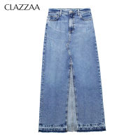 CLAZZAA Women Fashion Denim Midi Skirt High Waist Front Slit Female Chic Lady Casual Vintage Long Skirt