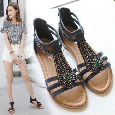 TOP☆35-42 Strapy Sandals Women Gemstone Beading Soft Leather Zipper Flat Low Heel Ladies Shoes Dinner Flat Shoes Office Wear Hot Sale
