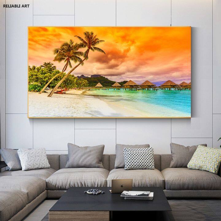 Seaside Hut Sunset Posters alam laut landskap ruang tamu hiasan kanvas ...