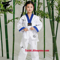 เทควันโดสำหรับเด็กเทควันโด Uinform For Poomsae &amp; Training,WTF Uniform,110-155Cm White With Blue Edge, Back Embroidery