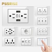 PSSRISE 118 BR EU US Standard Wall Socket Piano Light Switch Grounded Power Outlet White Tempered Glass Panel TV USB Combination