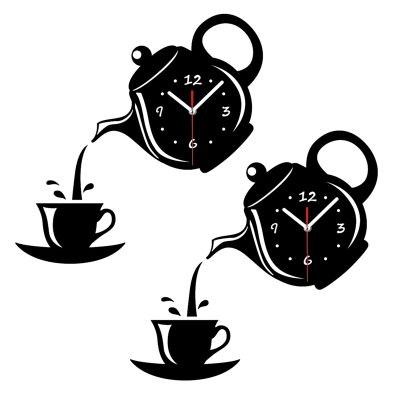 2X Creative DIY Acrylic Coffee Cup Teapot 3D Wall Clock Decorative Kitchen Wall Clocks Living Room Clock