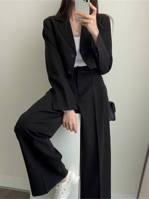 เสื้อเบลเซอร์สั้นสำหรับผู้หญิง,กางเกงขายาวสีดำเอวสูงสูทแขนยาวสำหรับใส่ทำงานฤดูใบไม้ผลิและใบไม้ร่วง2023