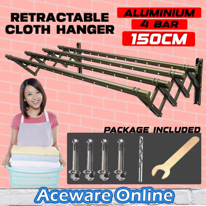 150CM X 4 BAR Foldable Clothes Drying Rack Outdoor Wall Mounted