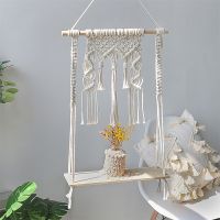 อุปกรณ์สำหรับแขวนต้นไม้เชือกคอตตอนของตกแต่งห้องนอนบ้านมีพู่สำหรับ Macrame ที่ทำด้วยมือชั้นพรมทอแขวนผนังทอมือ DEPOT65OT9