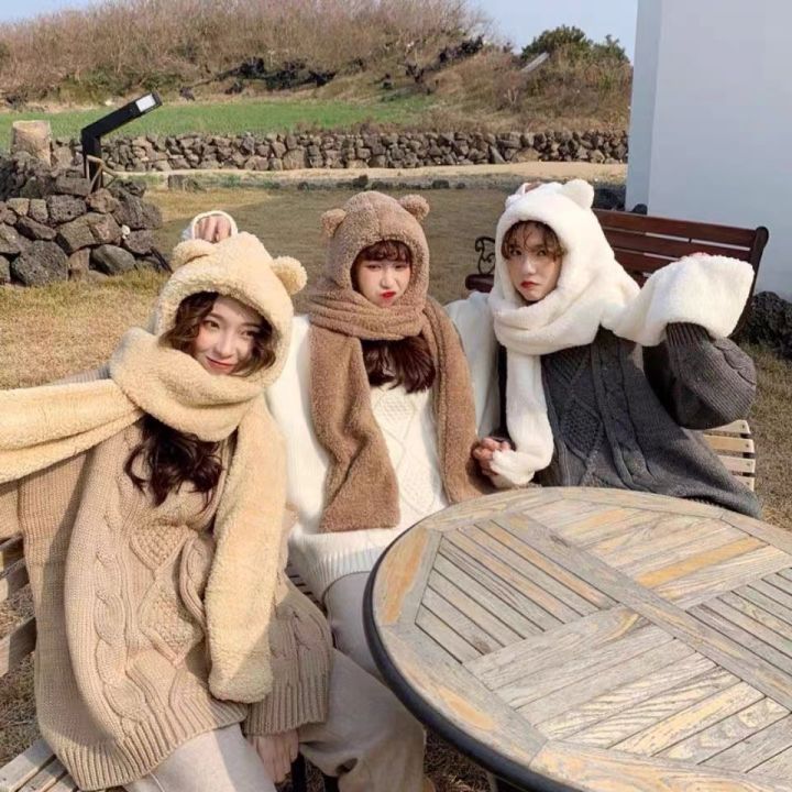 ผ้าพ้นคอเกาหลีน่ารักๆ-ผ้าพันคอไหมขน-3in1-เป็นทั้งหมวกและผ้าพันคอ-แต่งรูปทรงหมีมีกระเป๋าในตัว-2-ข้าง-wjx04