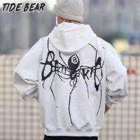 TIDE BEAR เสื้อฮู้ดพิมพ์ลายแมงมุมถนนสูงแบบมีซิปชุดคู่รักลำลองแบบหลวมฮิปฮอป