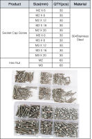 M2 M3 M4 M5 M6 MHex Socket Head Cap Screw Nut Thread Metric Machine Hexagon Allen Bolt Nut Assortment Kit 304 Stainless Steel