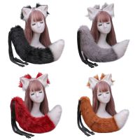 Adult Kids Fluffy Plush Pointed Cat Wolf Ears Hair Clips with Long Animal Tail Kit Halloween Anime Cosplay Party Costume