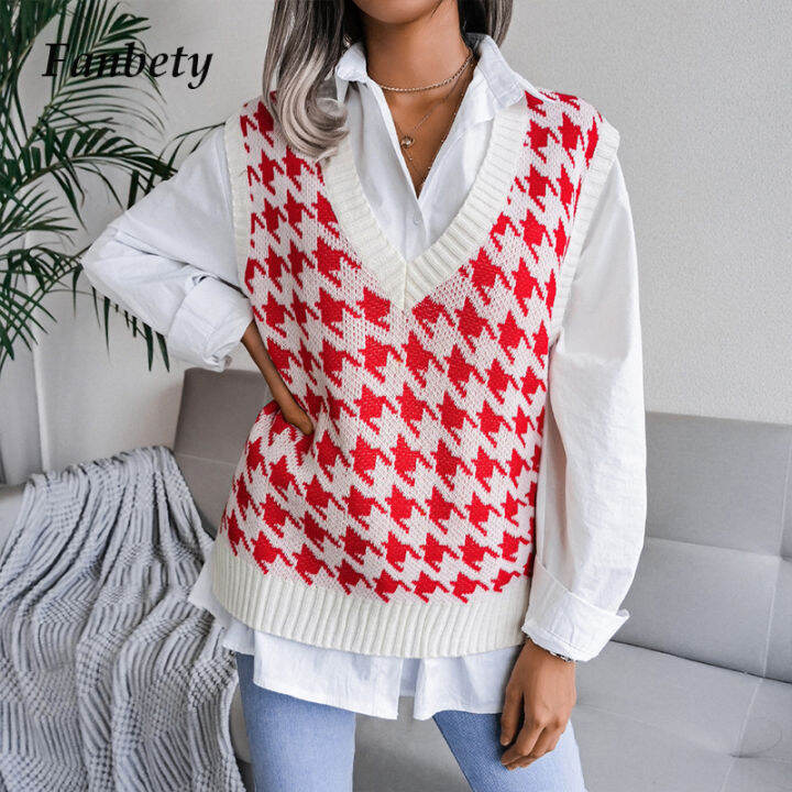 autumn-v-neck-casual-loose-knit-vest-sweater-women-fashion-all-match-pullover-tops-college-style-diamond-print-tank-sweater