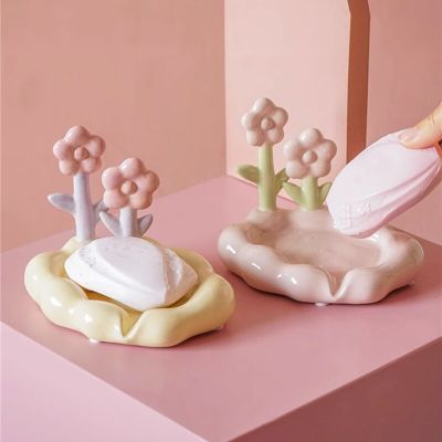 Flower Ceramic Soap Box Drain Plate Bathroom Soap Dishes Pink Cute Soap Disher Washstand Storage Tray Beauty Table Accessories Soap Dishes